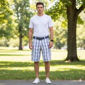 NWOT Lee Mens Size 30 Plaid Cargo Shorts White Blue Checkered Belted Cotton